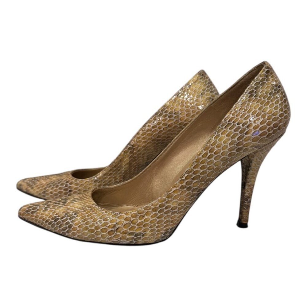 Stuart Weitzman Snake Print Pumps Nude Gold Leather Size 8 Pointed Toe Heels